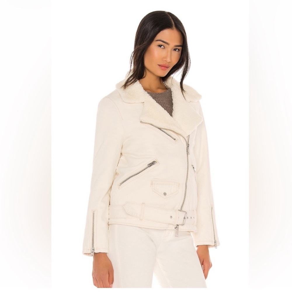 All Saints Women’s Oversized Denim Biker Jacket‎ White Sherpa Lined- Size 4